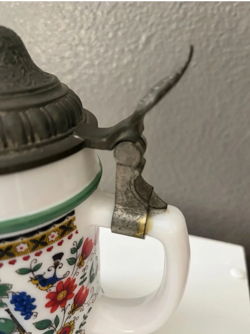 Vintage German BMF Lover’s Floral Milk Glass Beer Stein